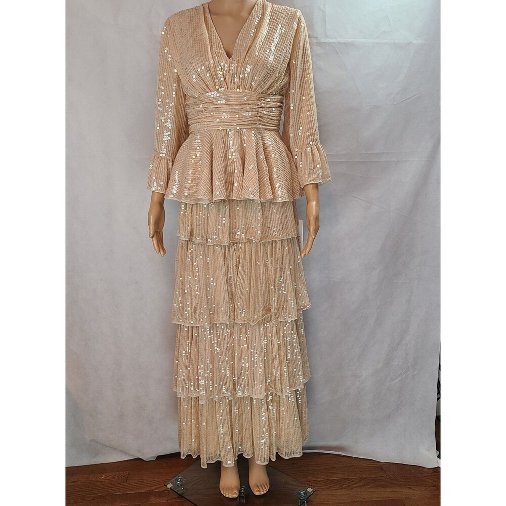 New Mac Duggal Women's (4) Beige 3/4 Sleeve Sequined Ruffle Tiered 2 Piece Gown